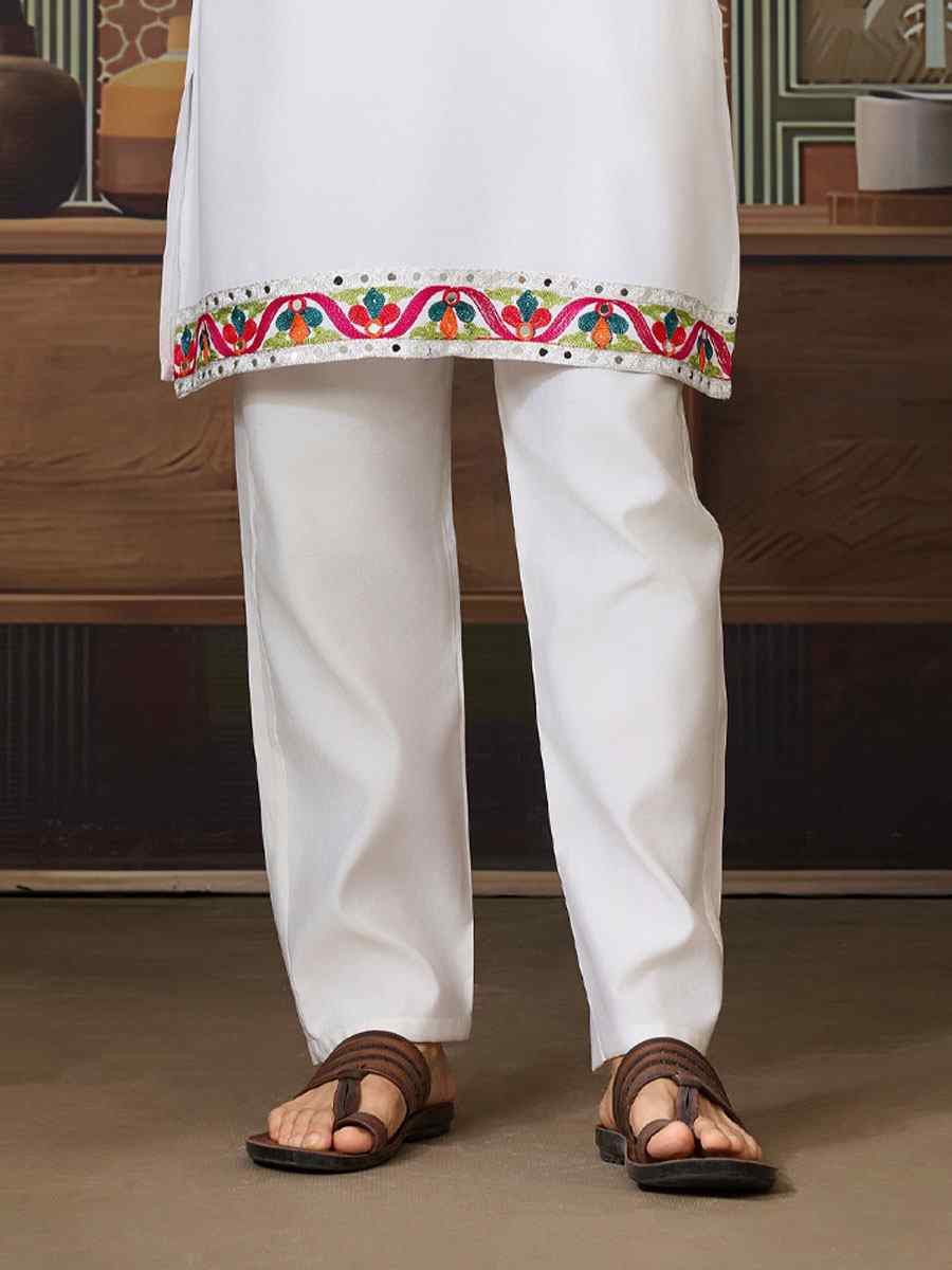 White Cotton Embroidery Festival Wedding Party Kurta
