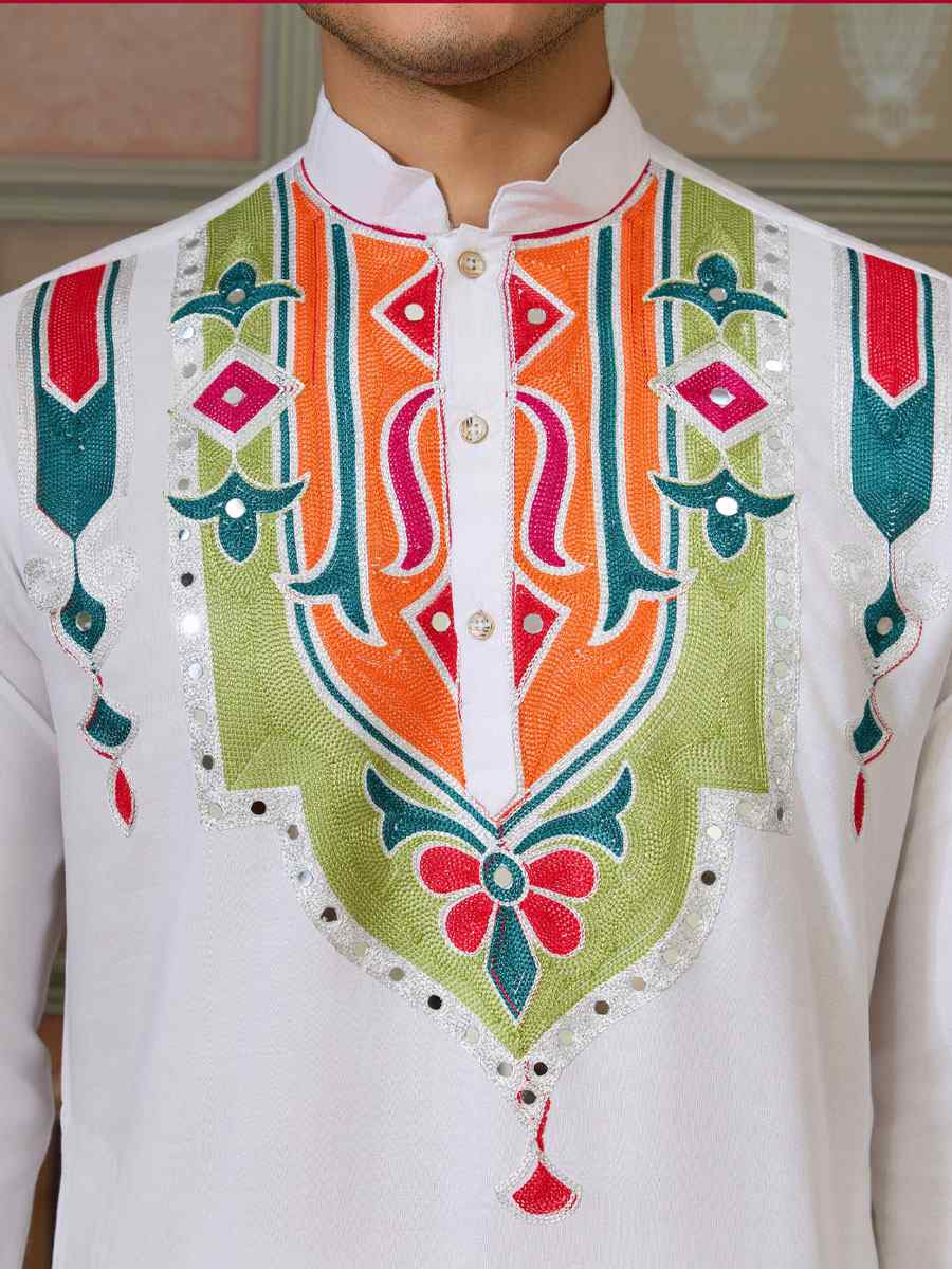 White Cotton Embroidery Festival Wedding Party Kurta