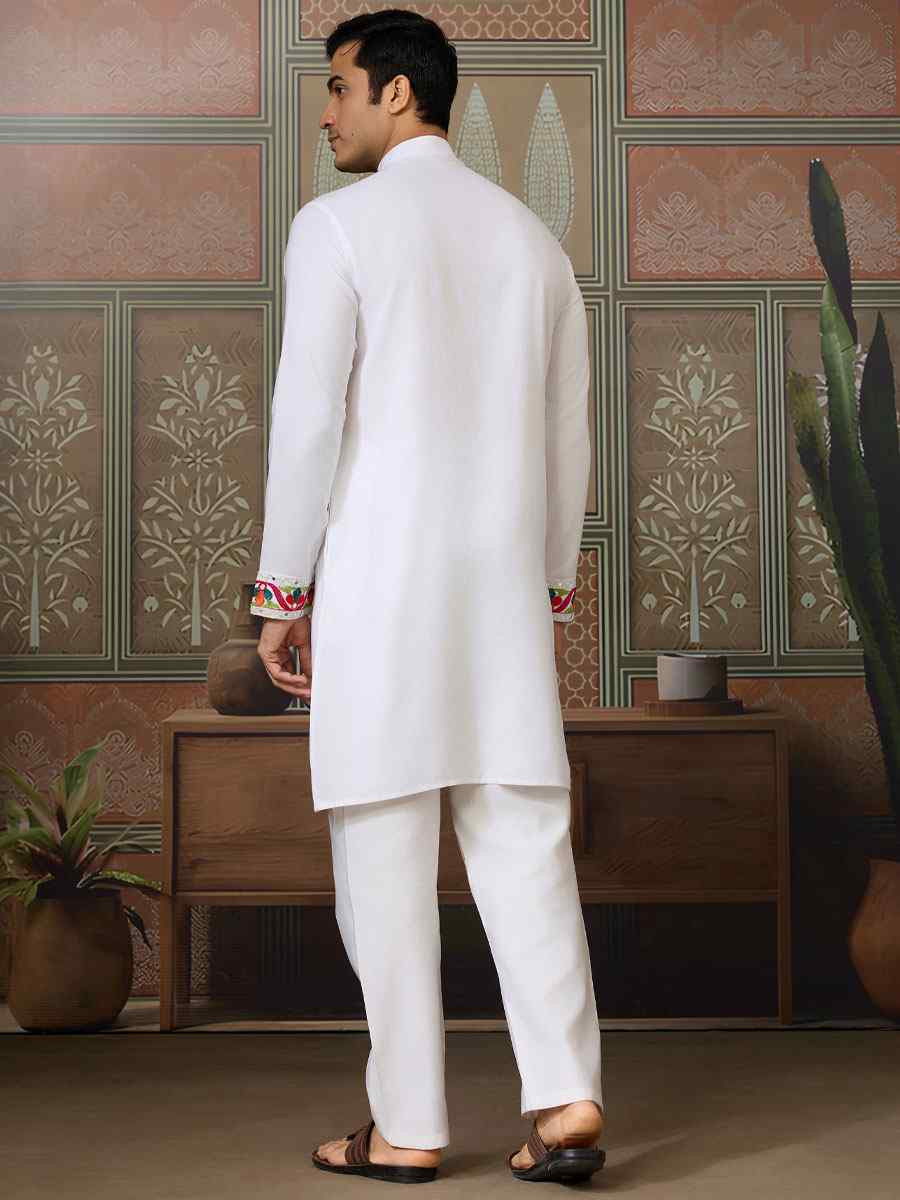White Cotton Embroidery Festival Wedding Party Kurta