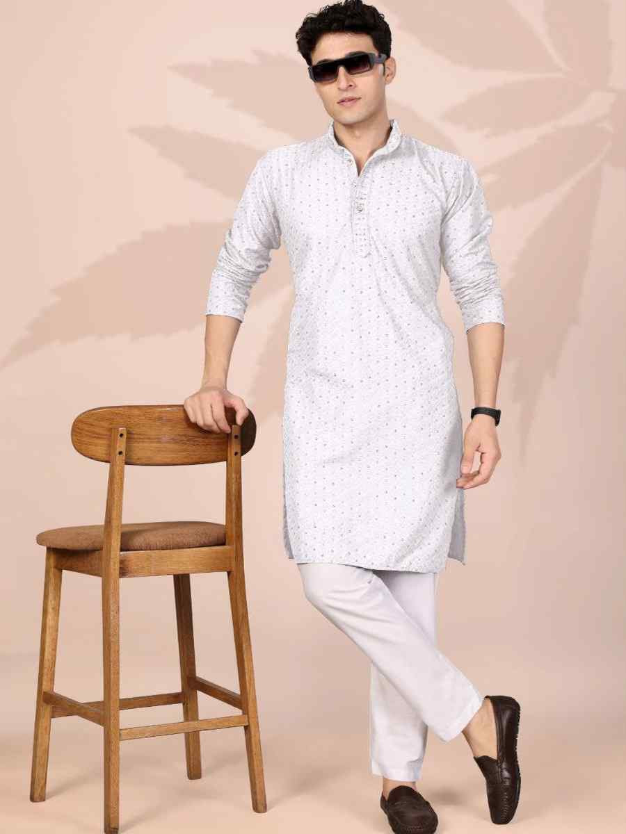 White Cotton Embroidery Festival Wedding Party Mens Kurta