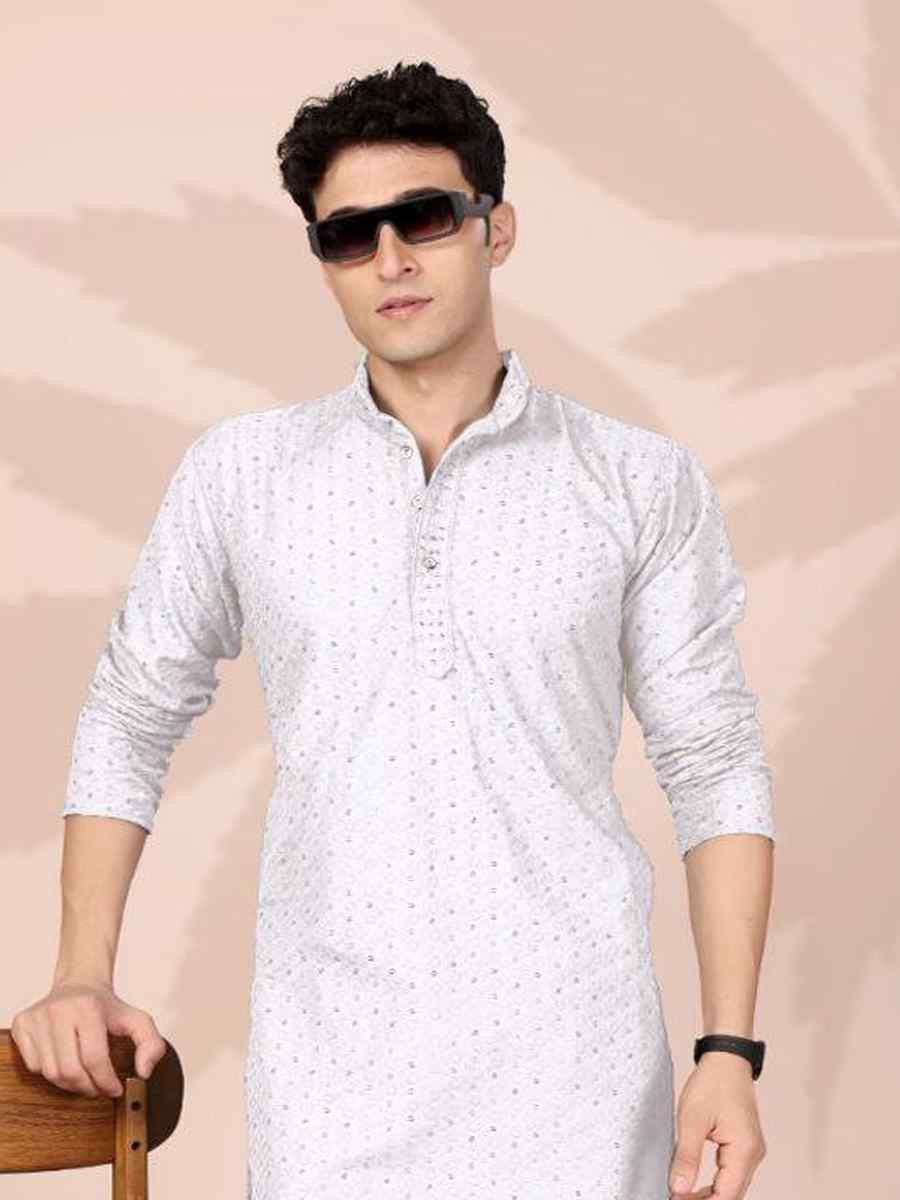 White Cotton Embroidery Festival Wedding Party Mens Kurta
