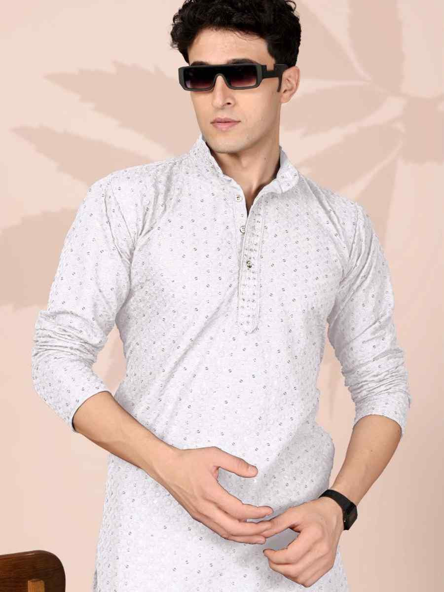 White Cotton Embroidery Festival Wedding Party Mens Kurta