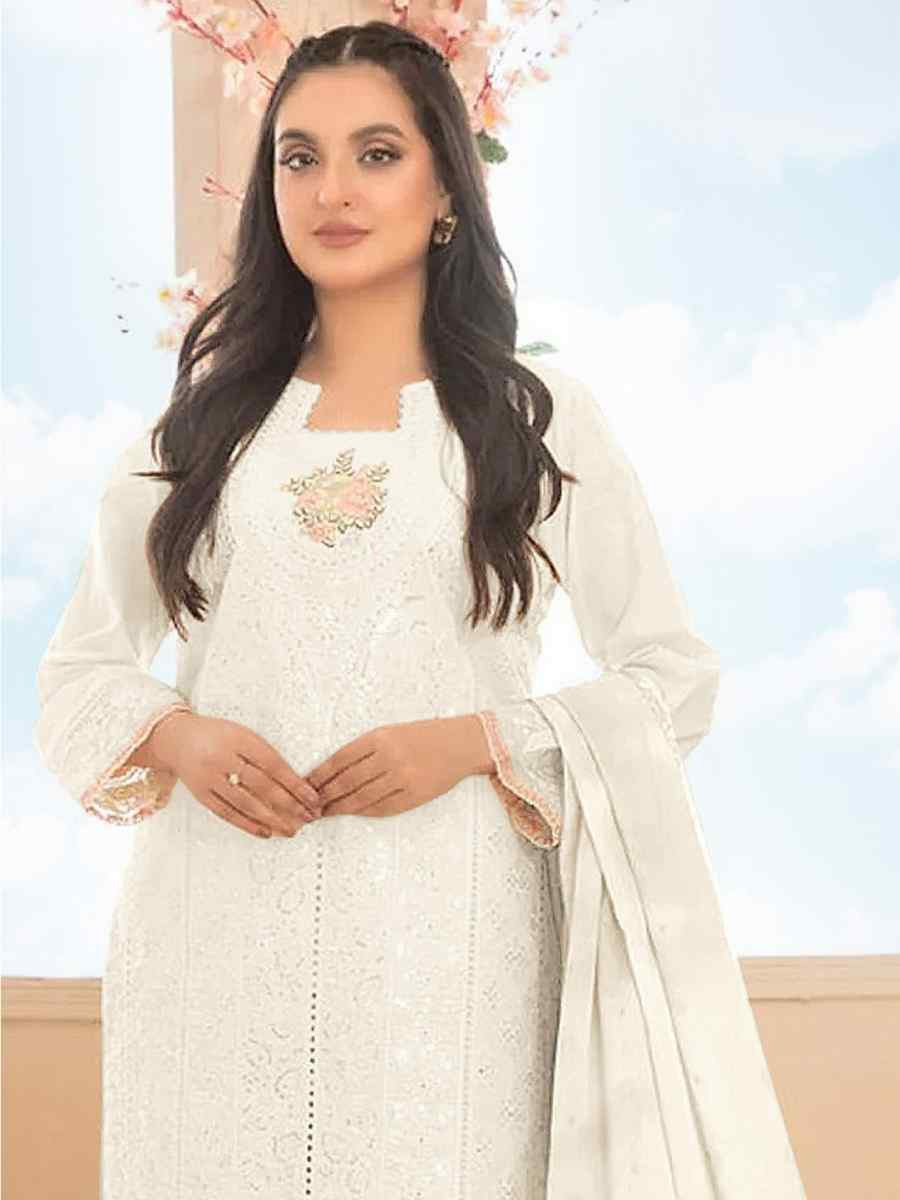 White Cotton Embroidery Party Wedding Festival Casual Pant Salwar Kameez