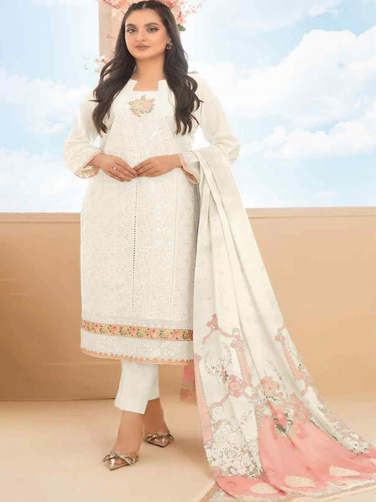 Image of White Cotton Embroidery Party Wedding Festival Casual Pant Salwar Kameez