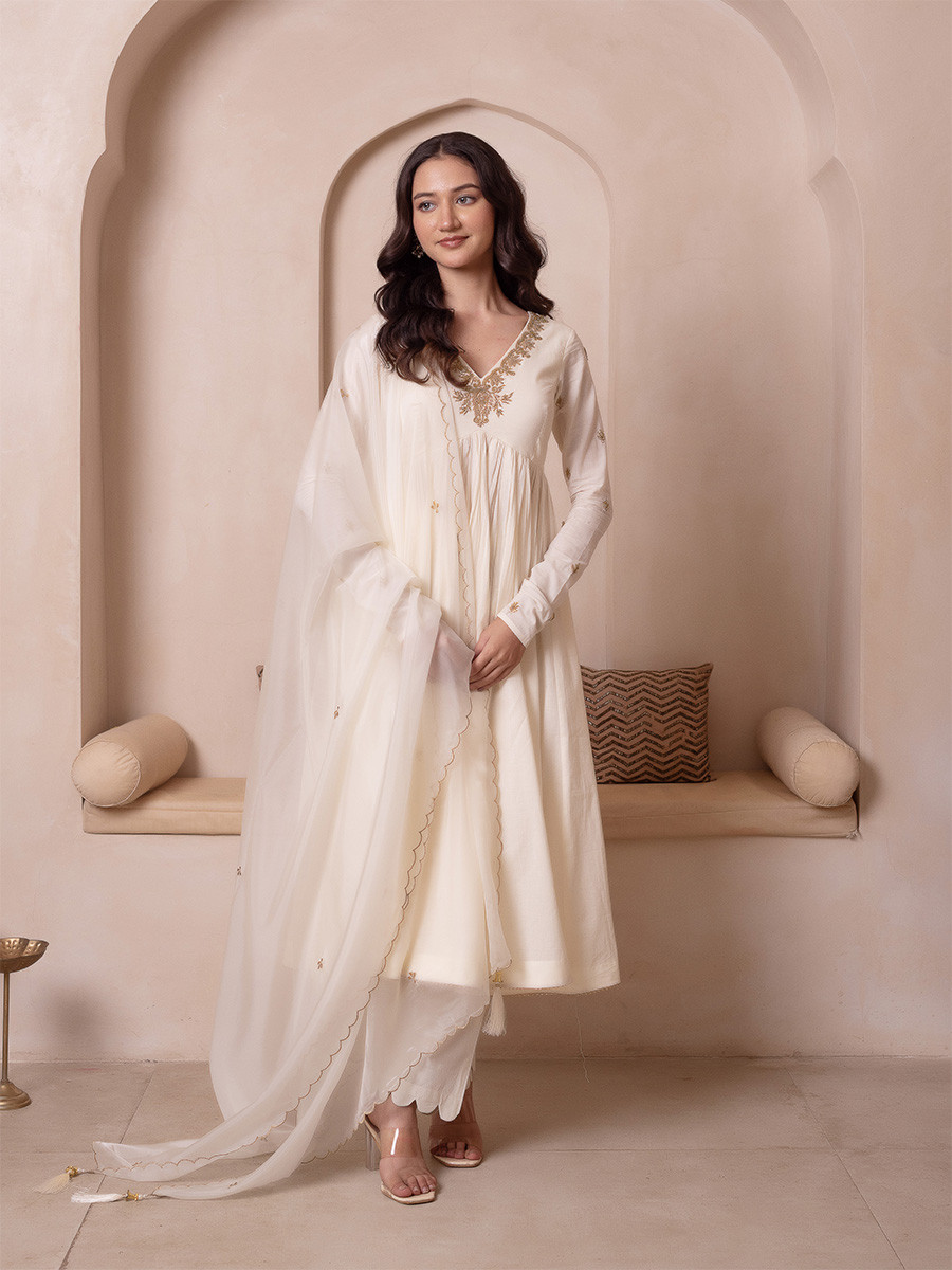 White Cotton Embroidery Wedding Party Festival Casual Ready Anarkali Pant Salwar Kameez