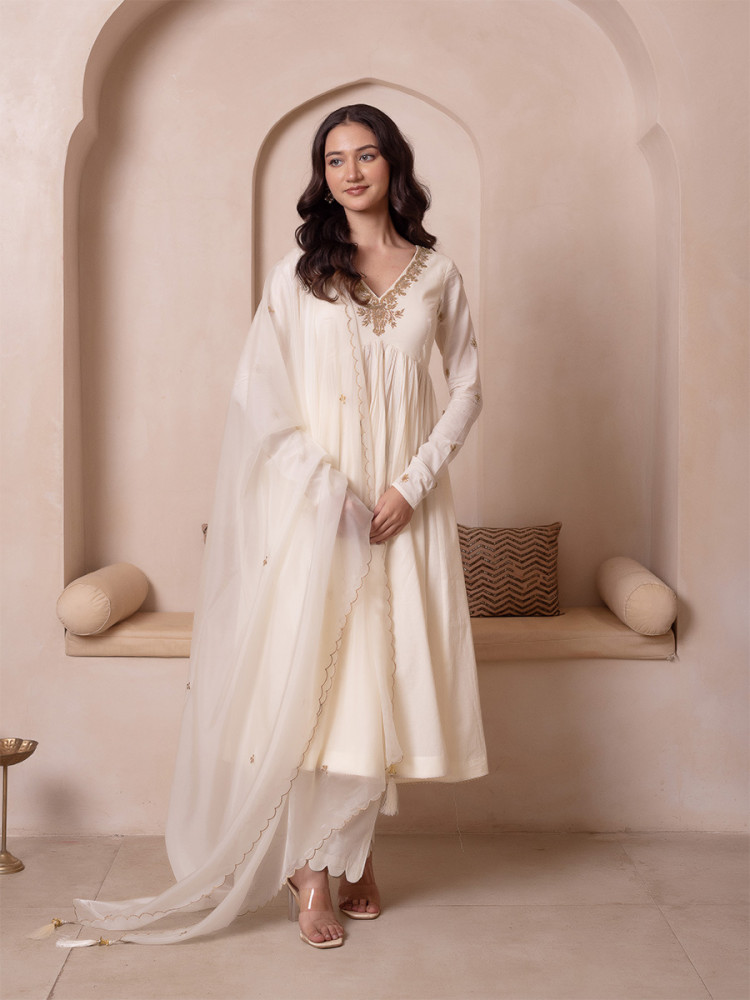 Image of White Cotton Embroidery Wedding Party Festival Casual Ready Anarkali Pant Salwar Kameez