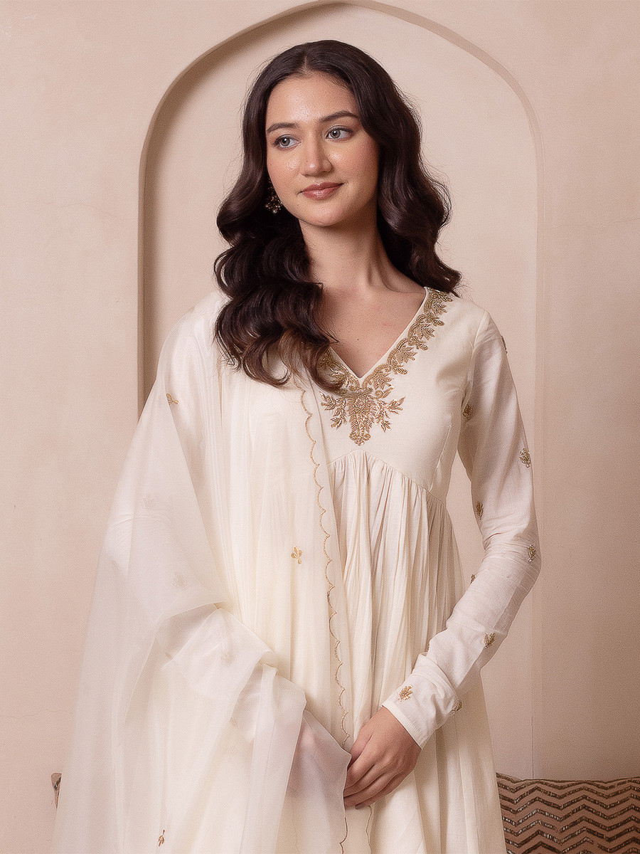 White Cotton Embroidery Wedding Party Festival Casual Ready Anarkali Pant Salwar Kameez