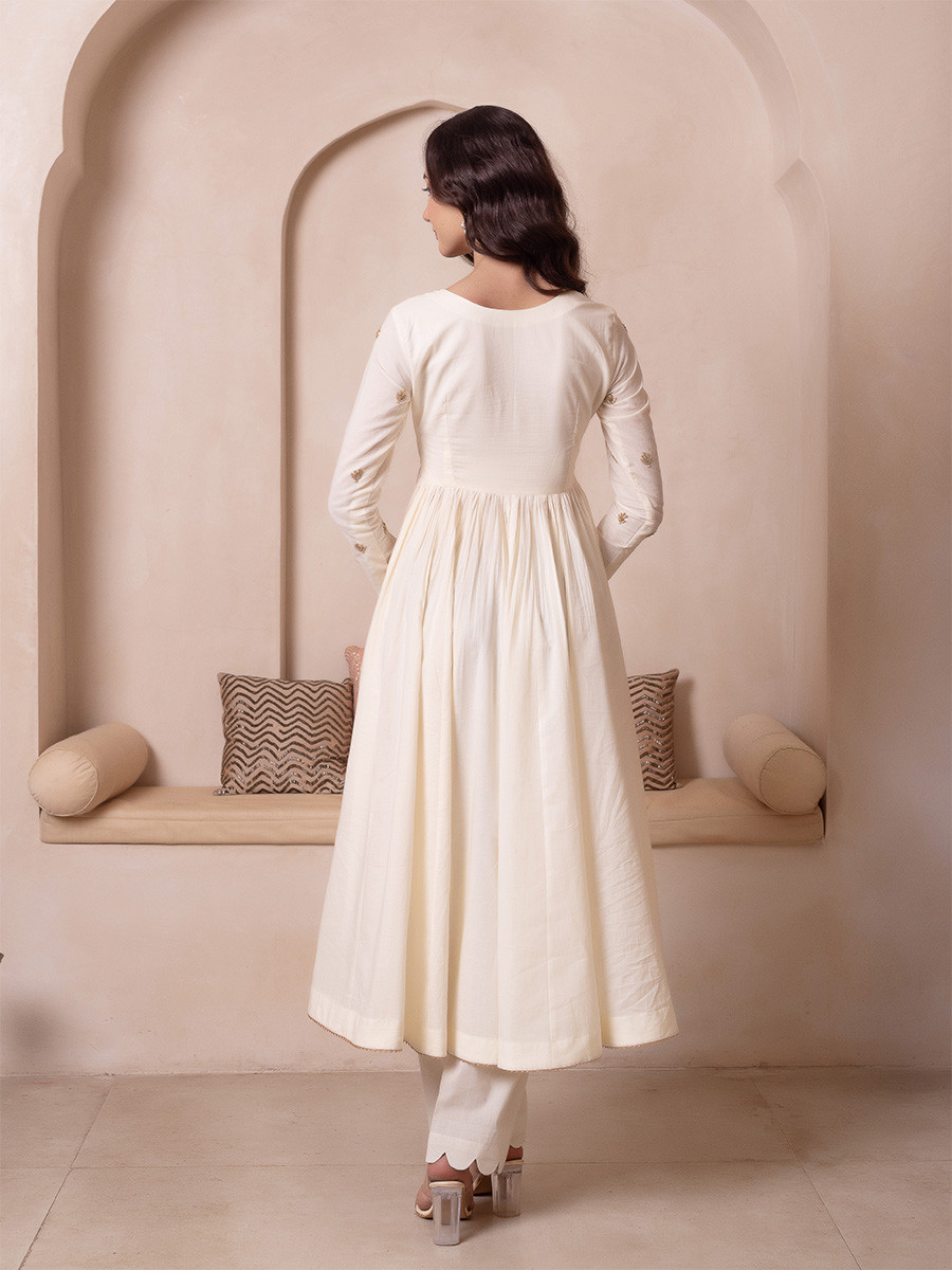 White Cotton Embroidery Wedding Party Festival Casual Ready Anarkali Pant Salwar Kameez