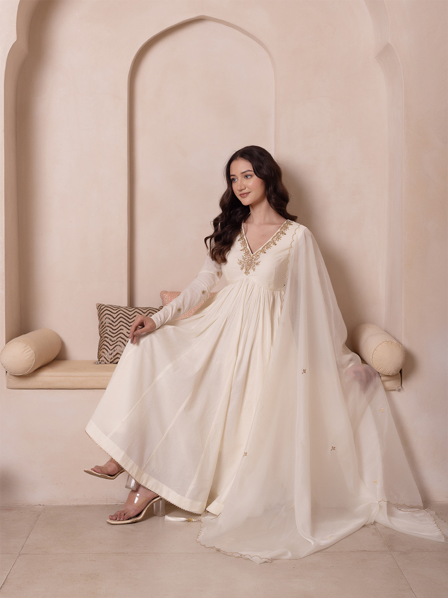 White Cotton Embroidery Wedding Party Festival Casual Ready Anarkali Pant Salwar Kameez