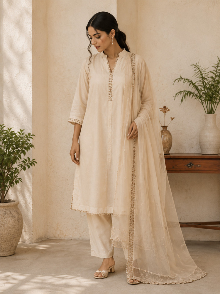 Image of White Cotton Embroidery Wedding Party Festival Casual Ready Palazzo Pant Salwar Kameez