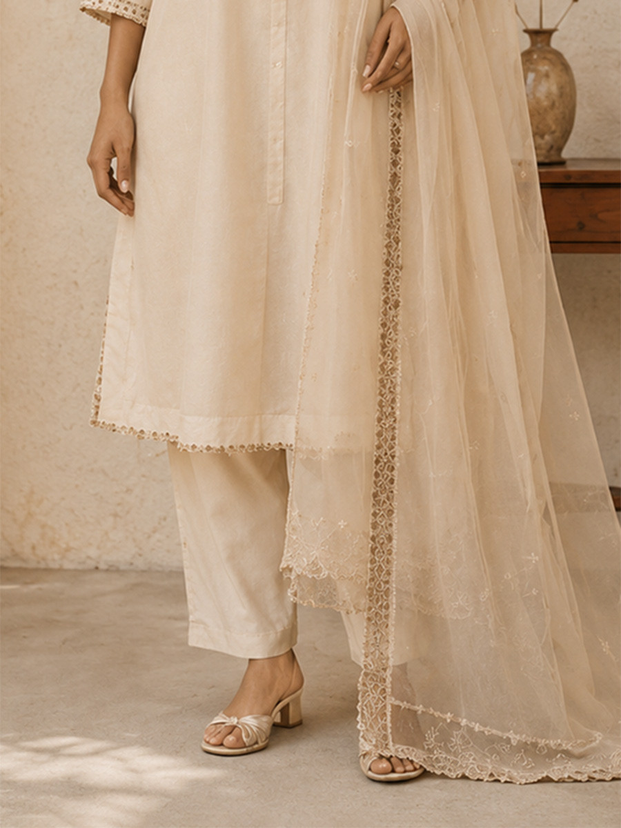 White Cotton Embroidery Wedding Party Festival Casual Ready Palazzo Pant Salwar Kameez
