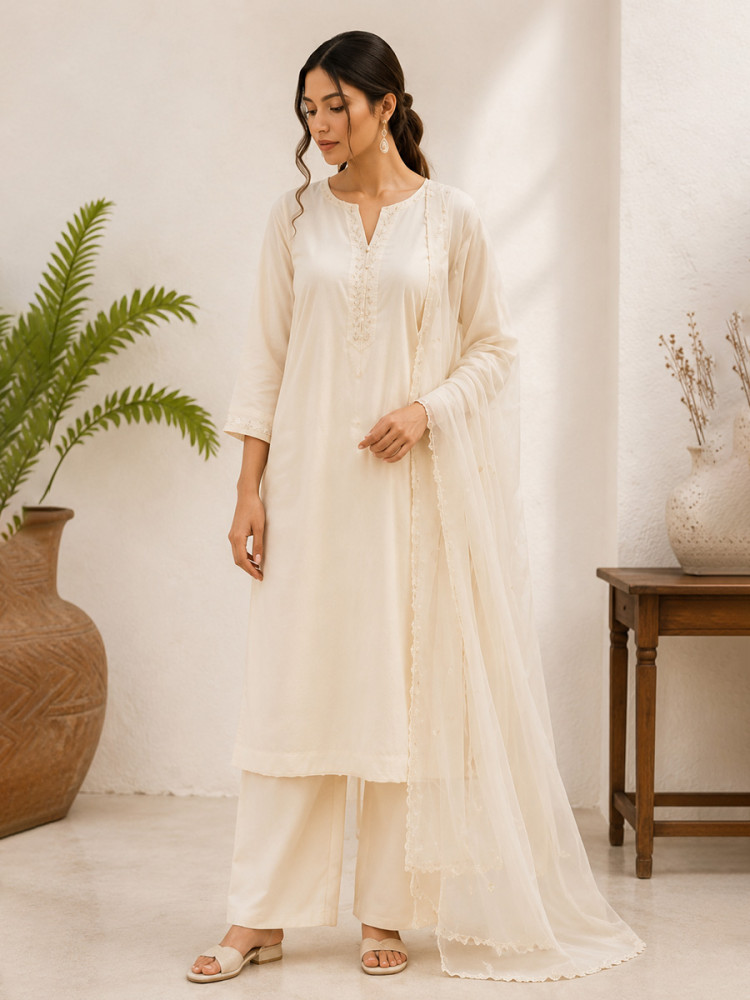 Image of White Cotton Embroidery Wedding Party Festival Casual Ready Palazzo Pant Salwar Kameez