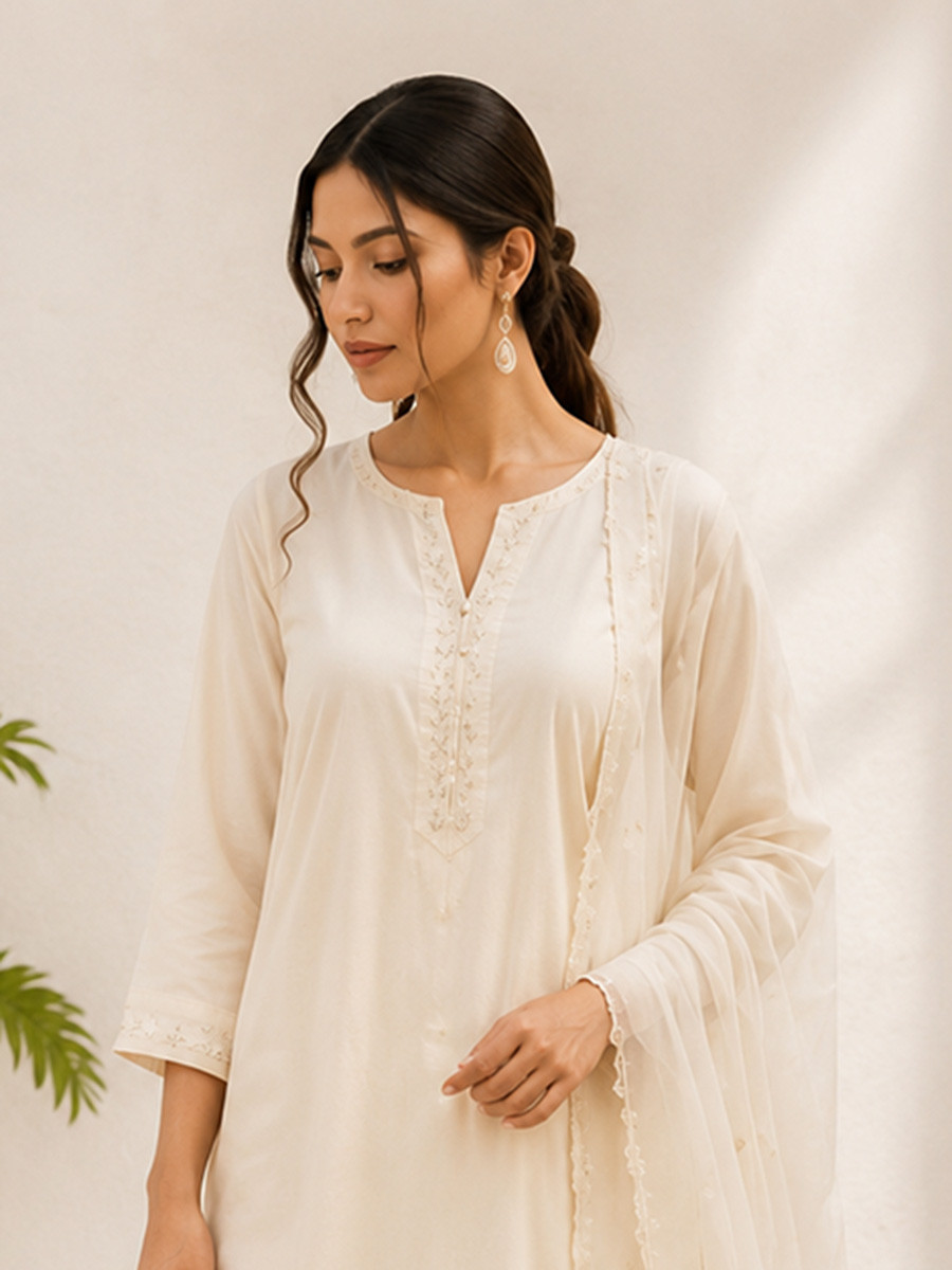 White Cotton Embroidery Wedding Party Festival Casual Ready Palazzo Pant Salwar Kameez