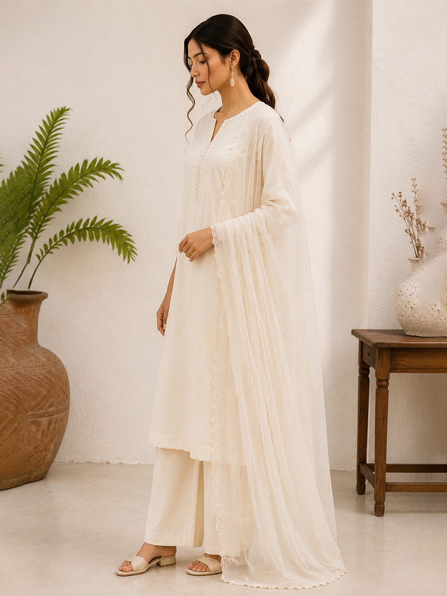 White Cotton Embroidery Wedding Party Festival Casual Ready Palazzo Pant Salwar Kameez