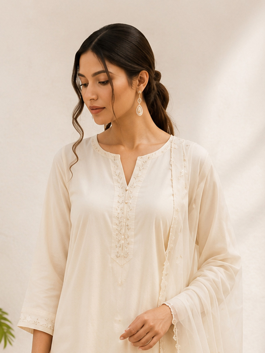 White Cotton Embroidery Wedding Party Festival Casual Ready Palazzo Pant Salwar Kameez