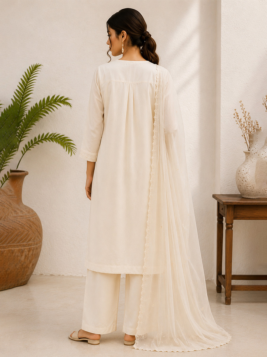 White Cotton Embroidery Wedding Party Festival Casual Ready Palazzo Pant Salwar Kameez