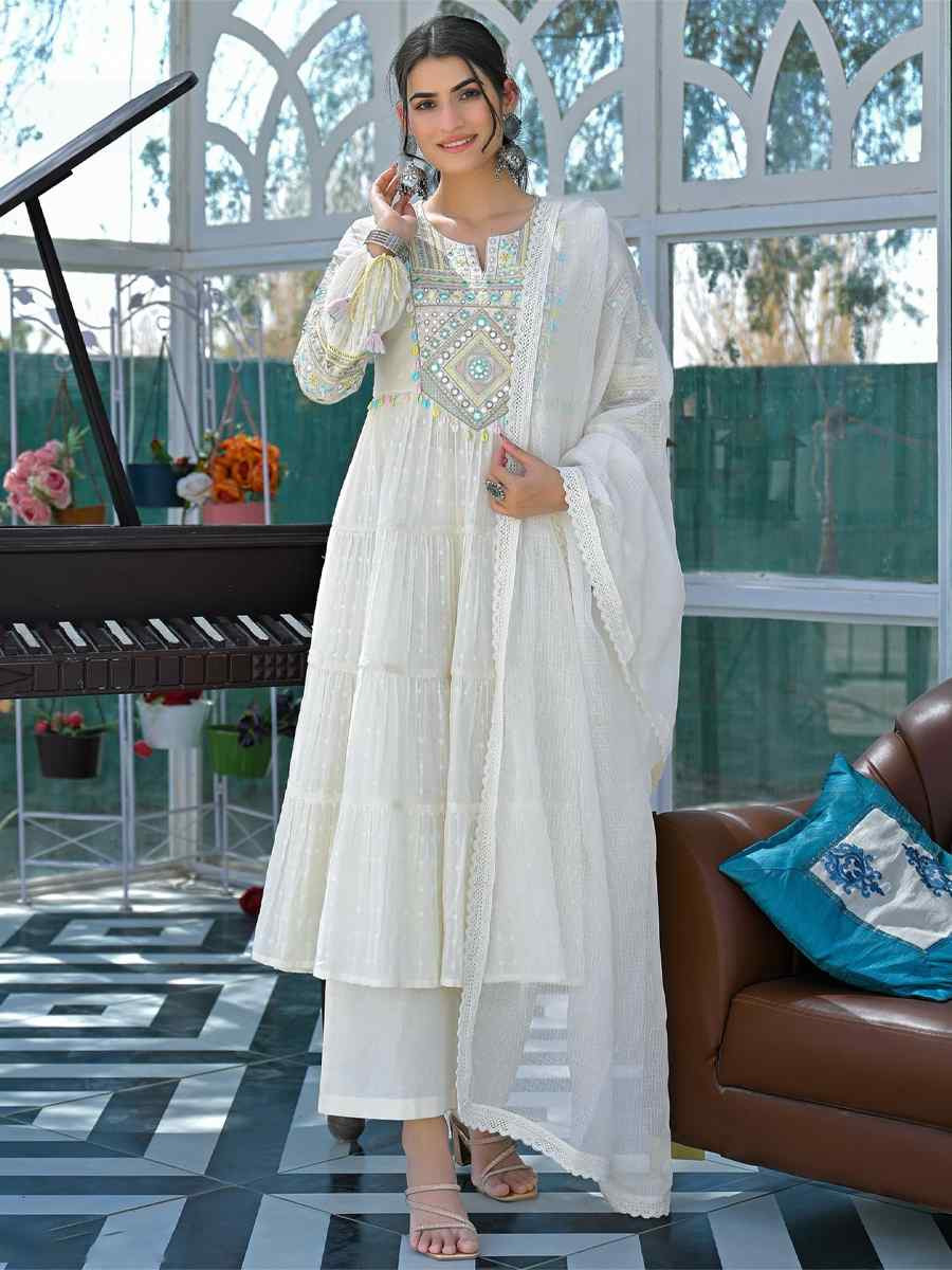 White Cotton Flex Embroidered Festival Wedding Palazzo Pant Salwar Kameez
