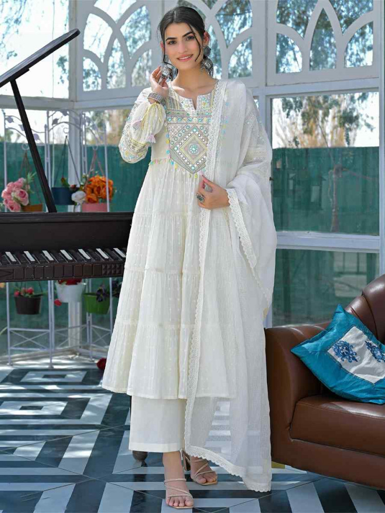 Image of White Cotton Flex Embroidered Festival Wedding Palazzo Pant Salwar Kameez
