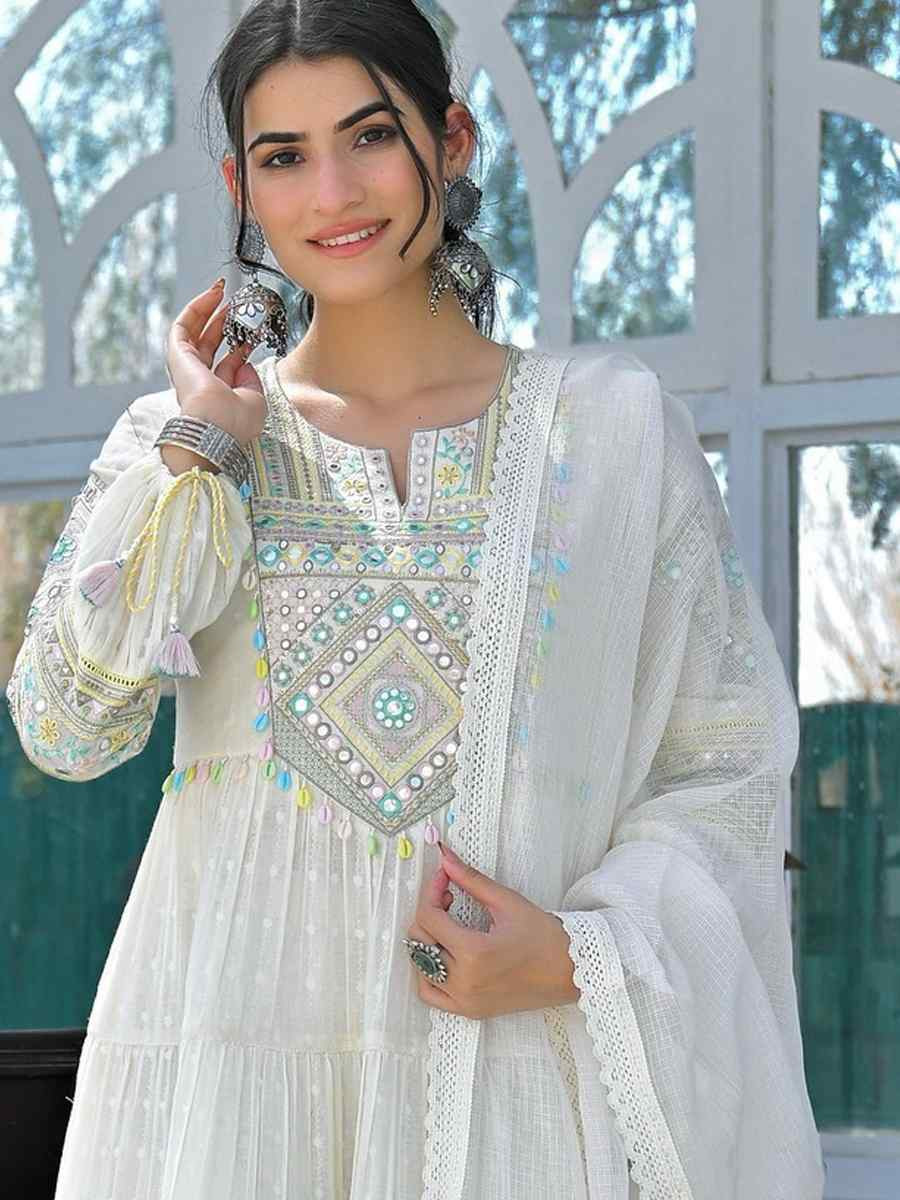 White Cotton Flex Embroidered Festival Wedding Palazzo Pant Salwar Kameez