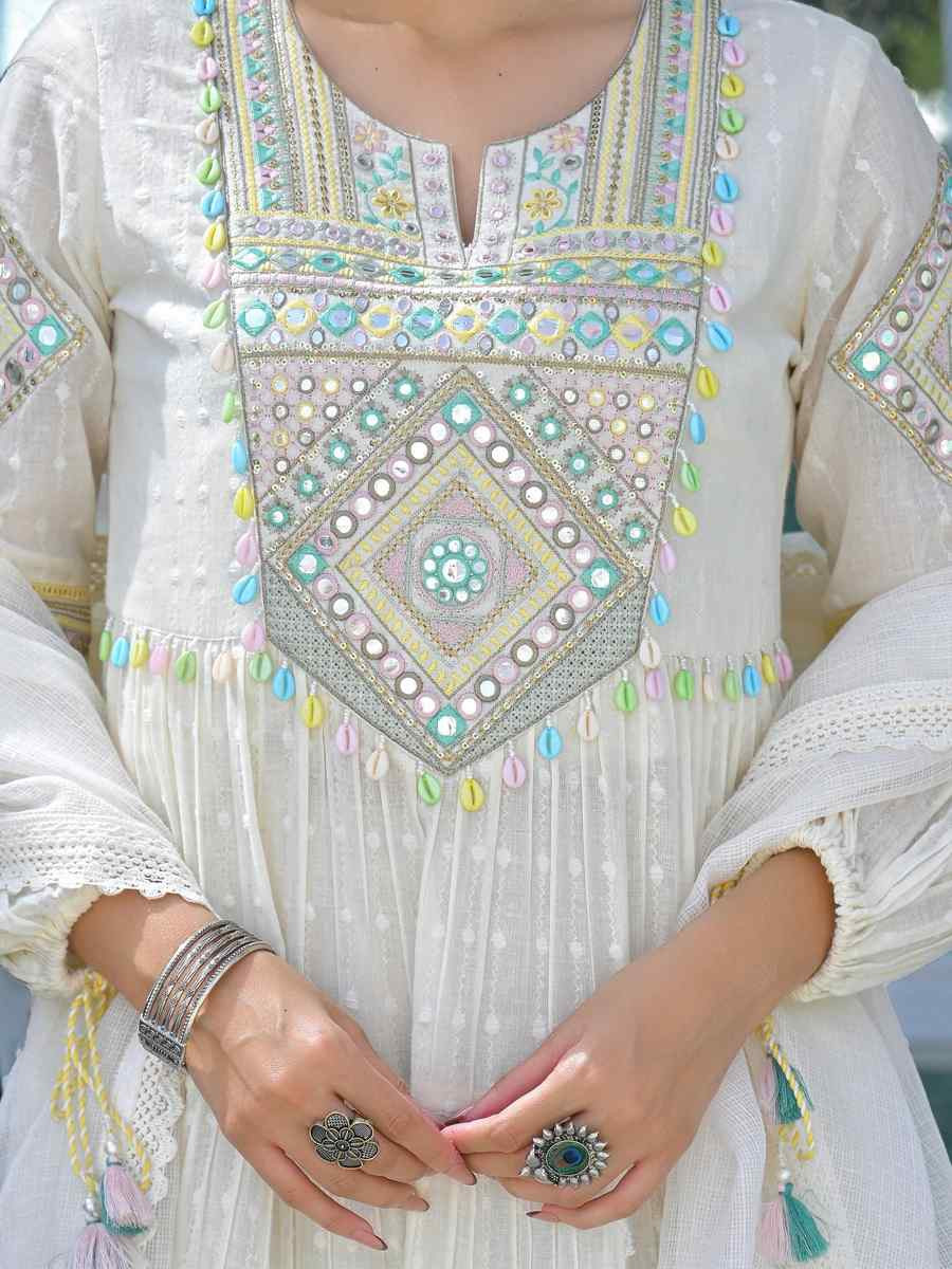 White Cotton Flex Embroidered Festival Wedding Palazzo Pant Salwar Kameez