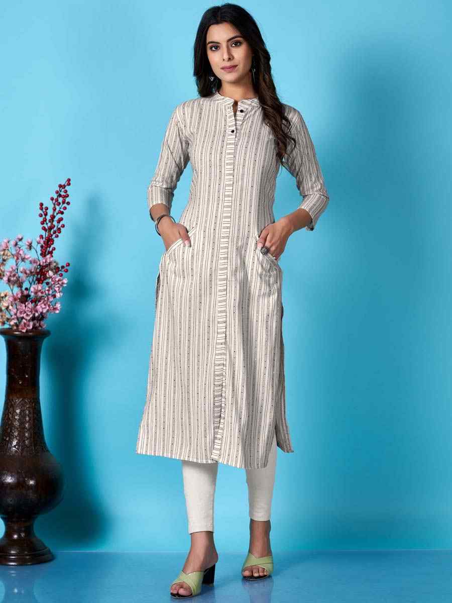 White Cotton Printed Casual Festival Kurti