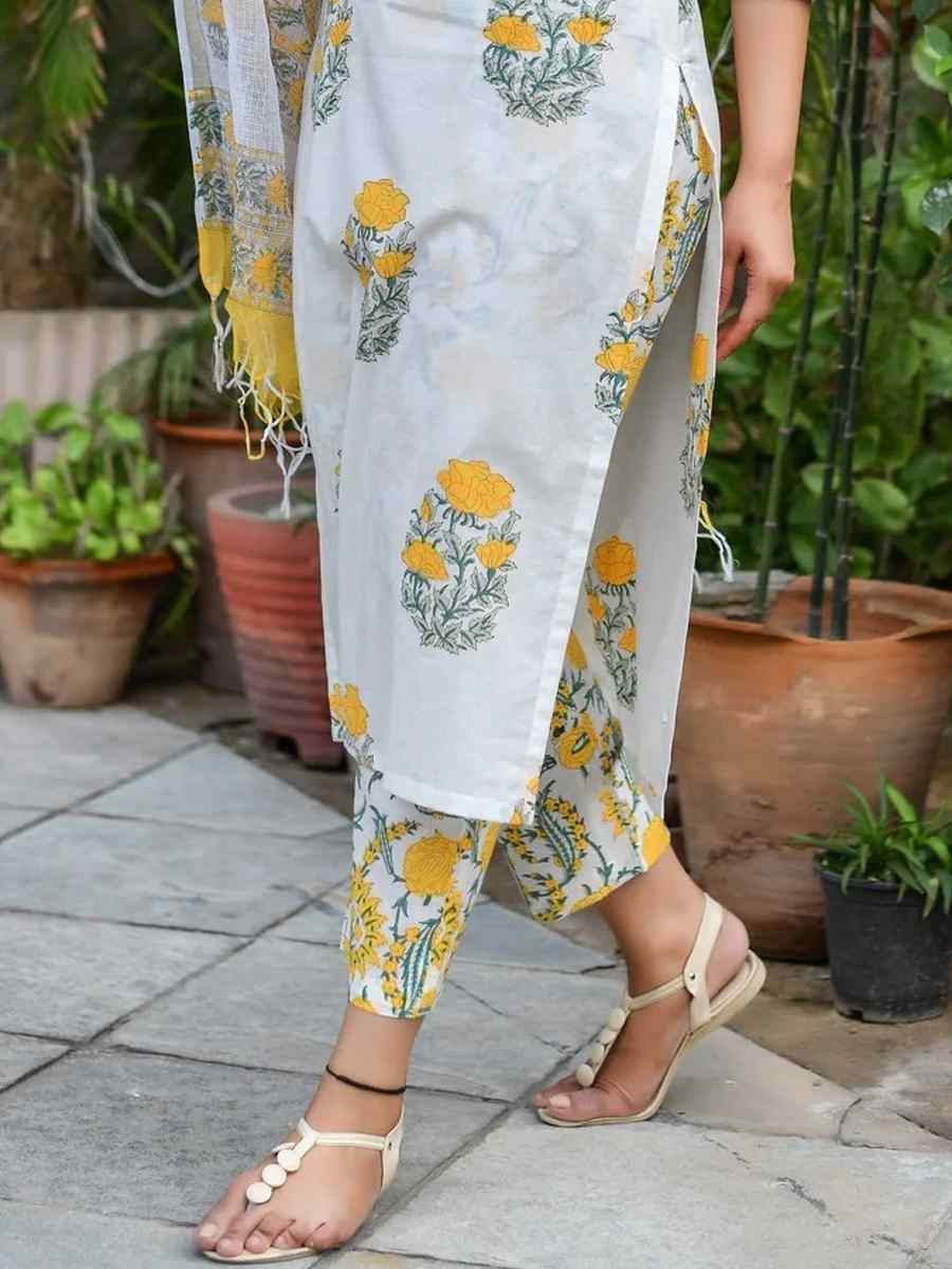 White Cotton Printed Casual Festival Ready Pant Salwar Kameez