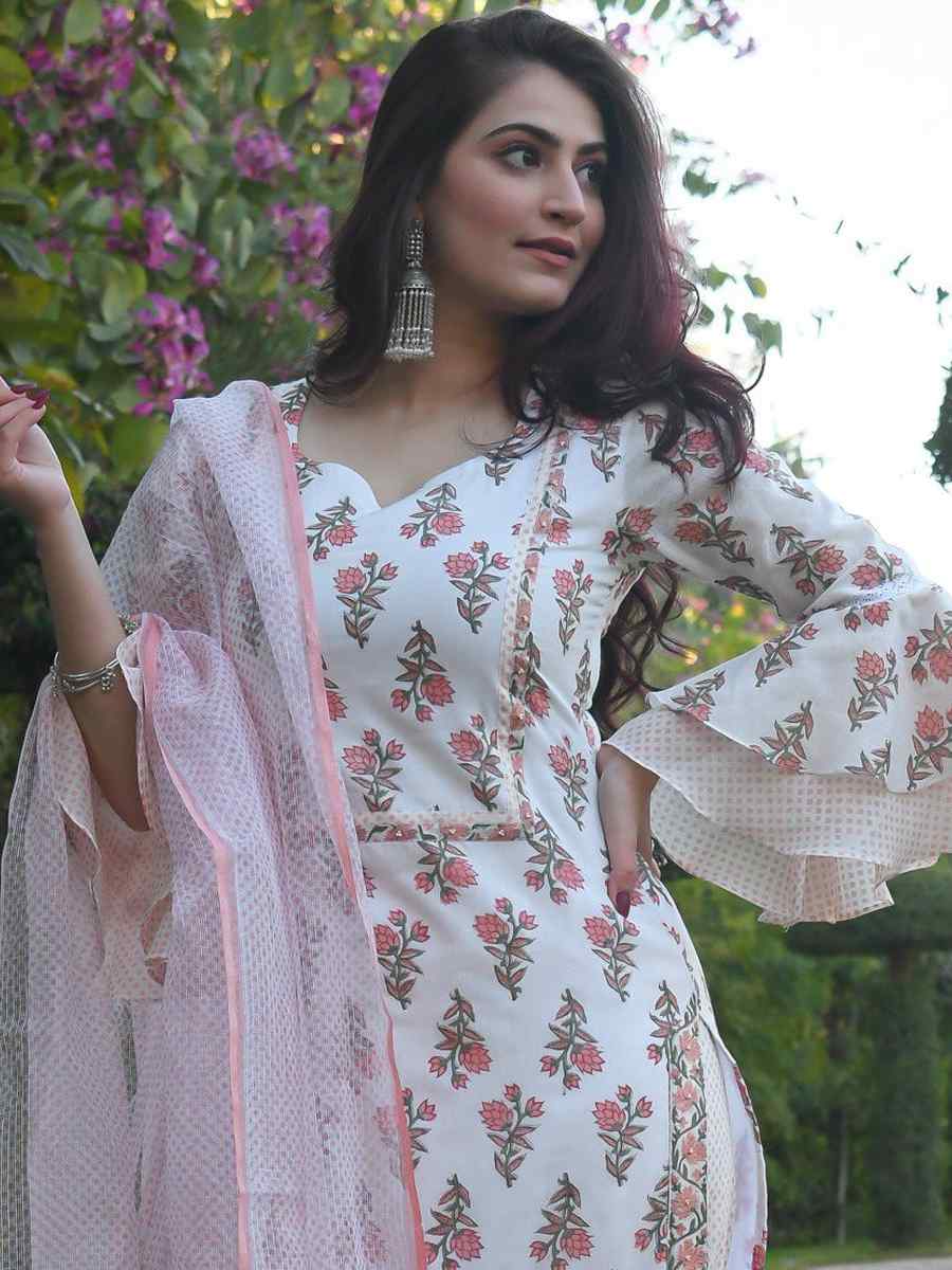 White Cotton Printed Casual Festival Ready Pant Salwar Kameez