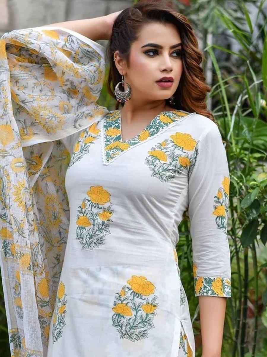 White Cotton Printed Casual Festival Ready Pant Salwar Kameez