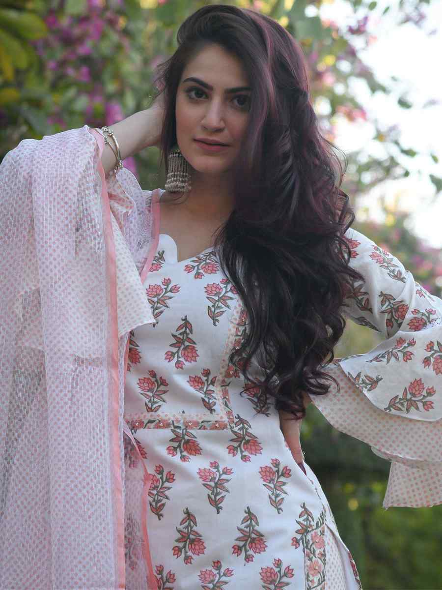 White Cotton Printed Casual Festival Ready Pant Salwar Kameez