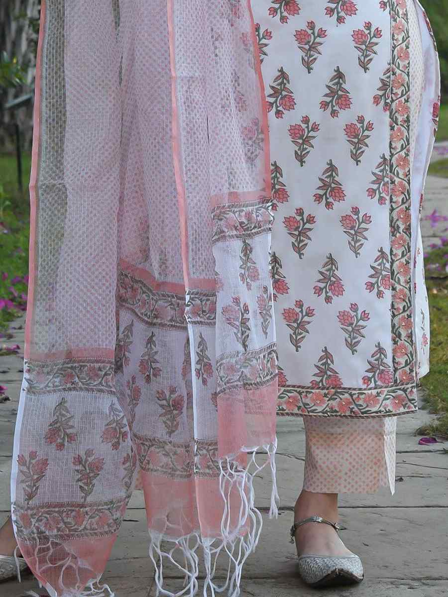 White Cotton Printed Casual Festival Ready Pant Salwar Kameez