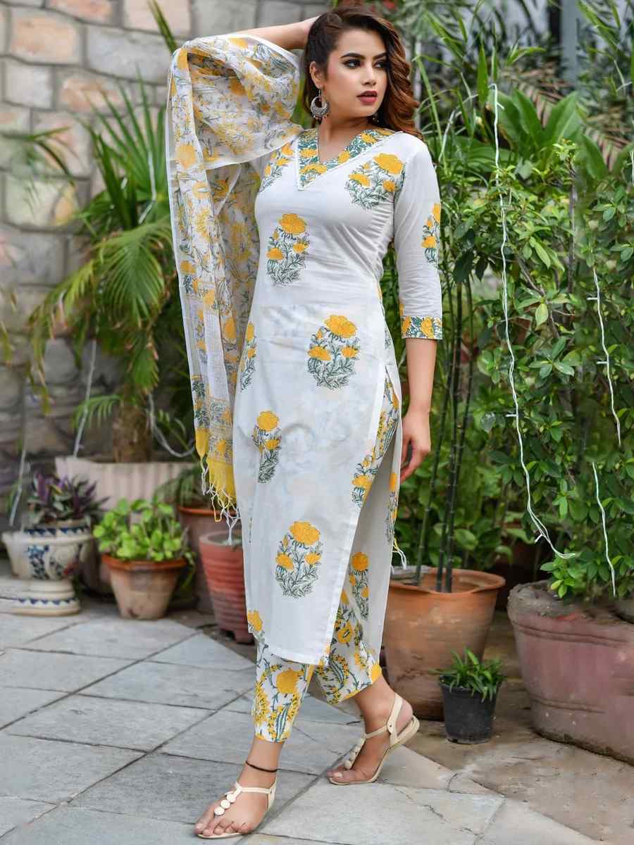 White Cotton Printed Casual Festival Ready Pant Salwar Kameez