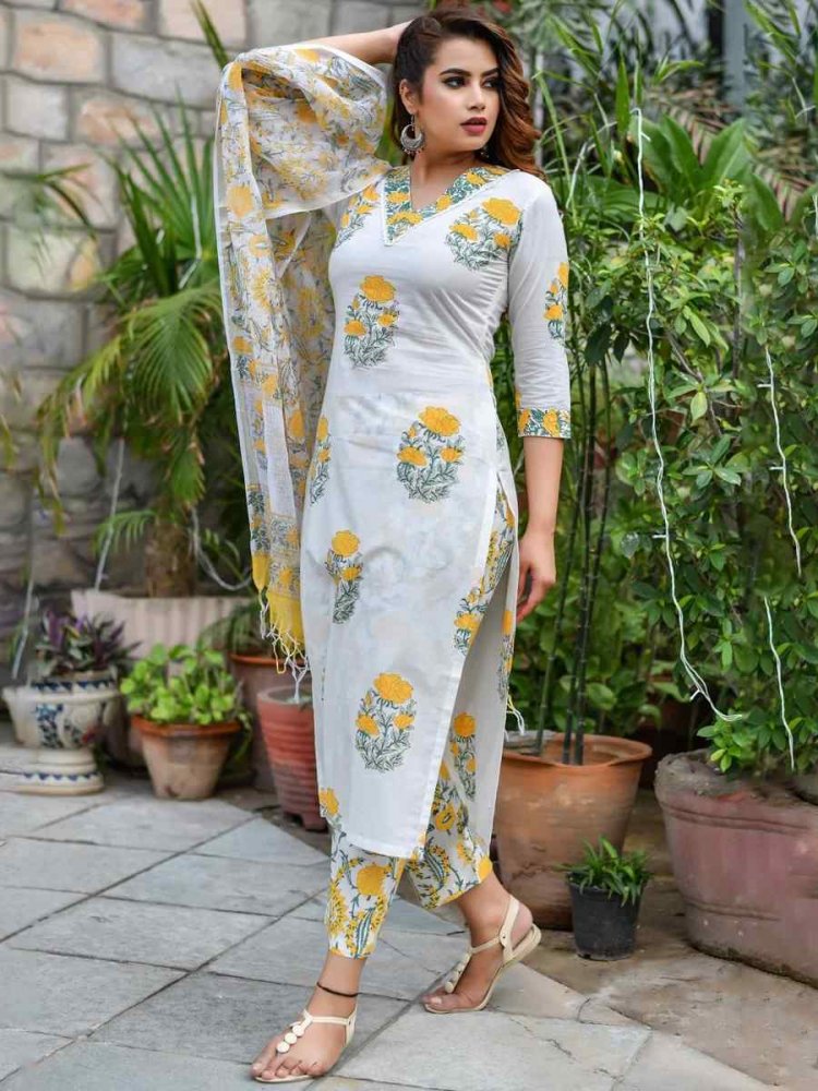 White Cotton Printed Casual Festival Ready Pant Salwar Kameez