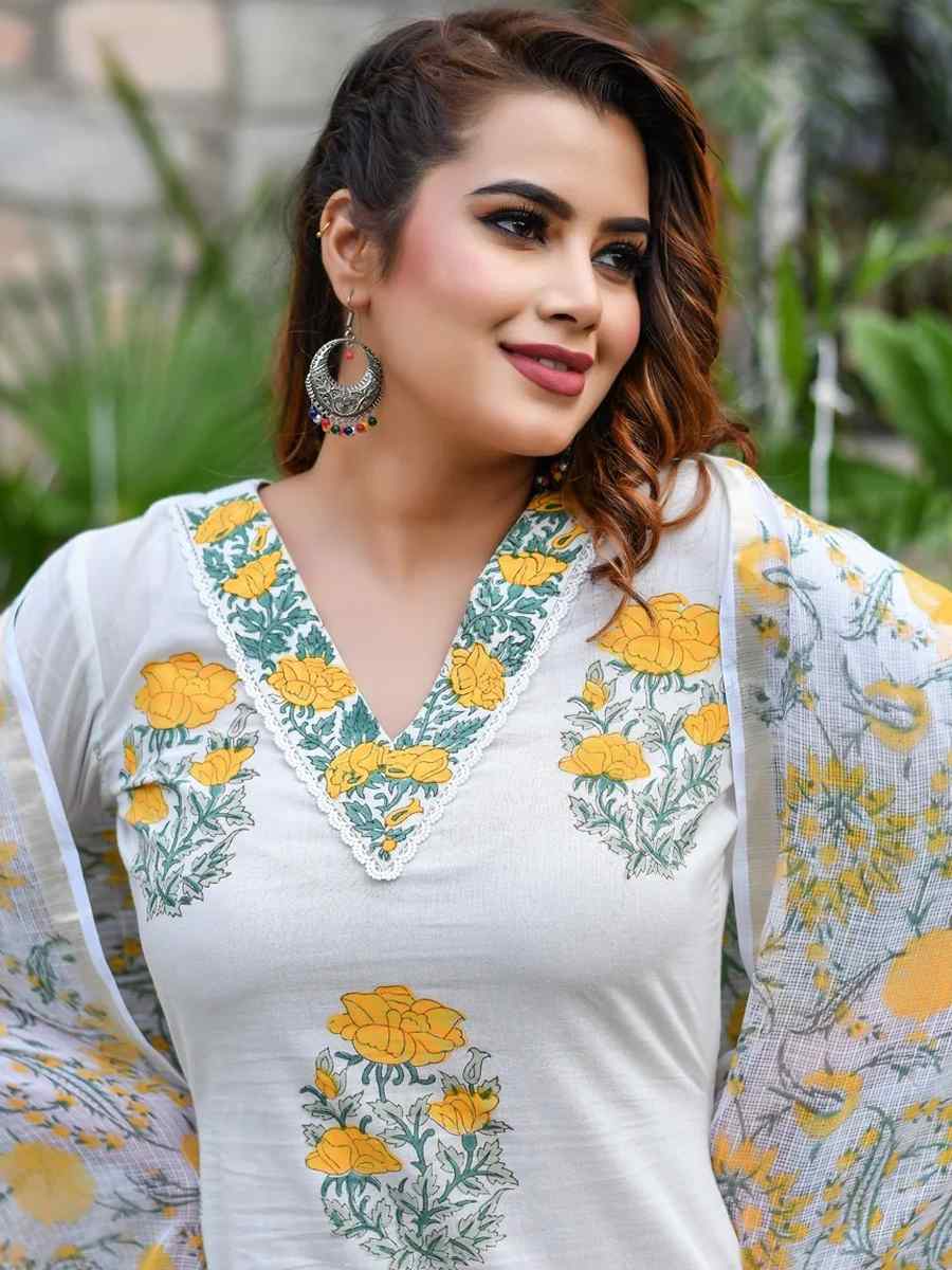 White Cotton Printed Casual Festival Ready Pant Salwar Kameez