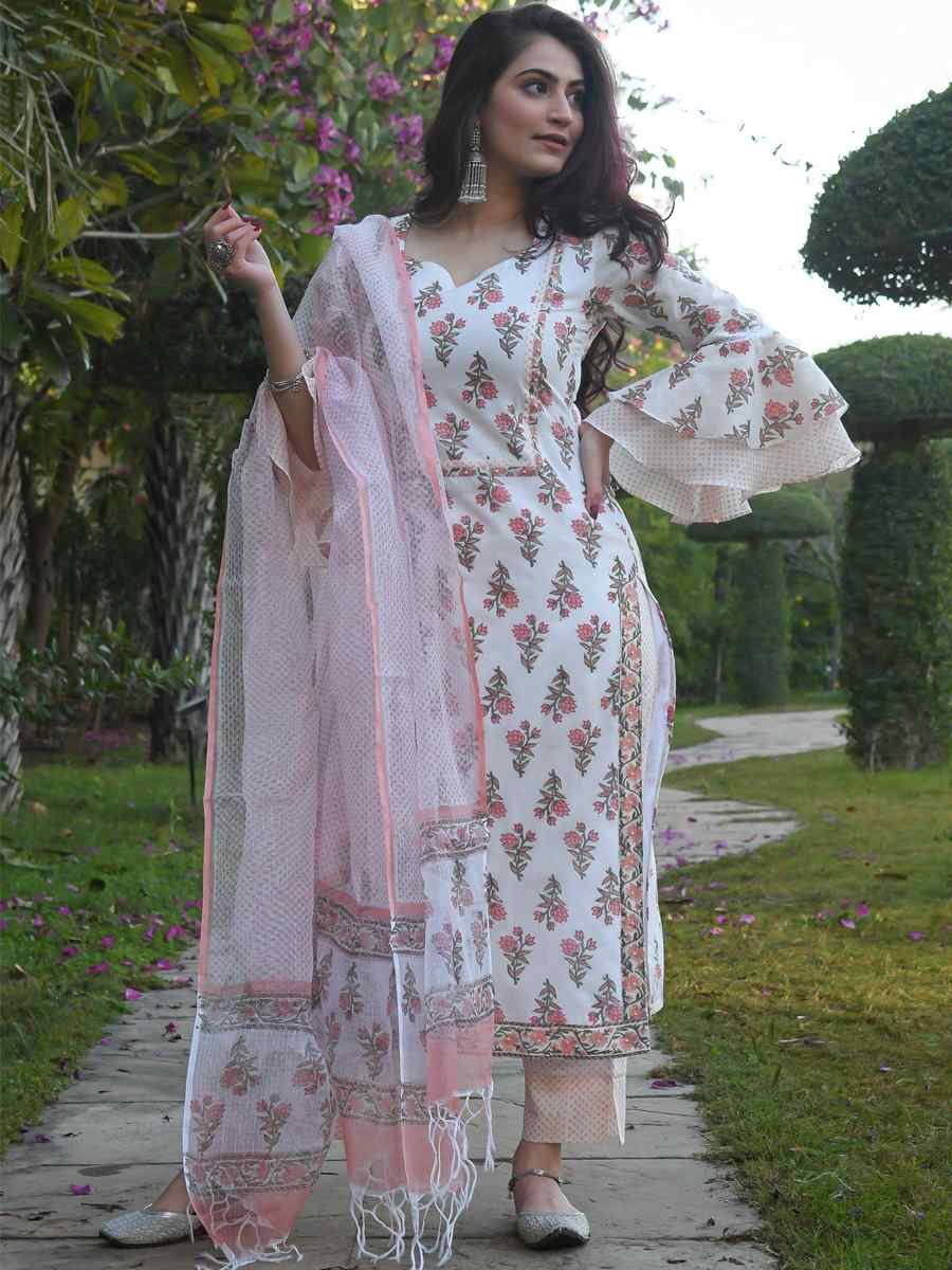 White Cotton Printed Casual Festival Ready Pant Salwar Kameez