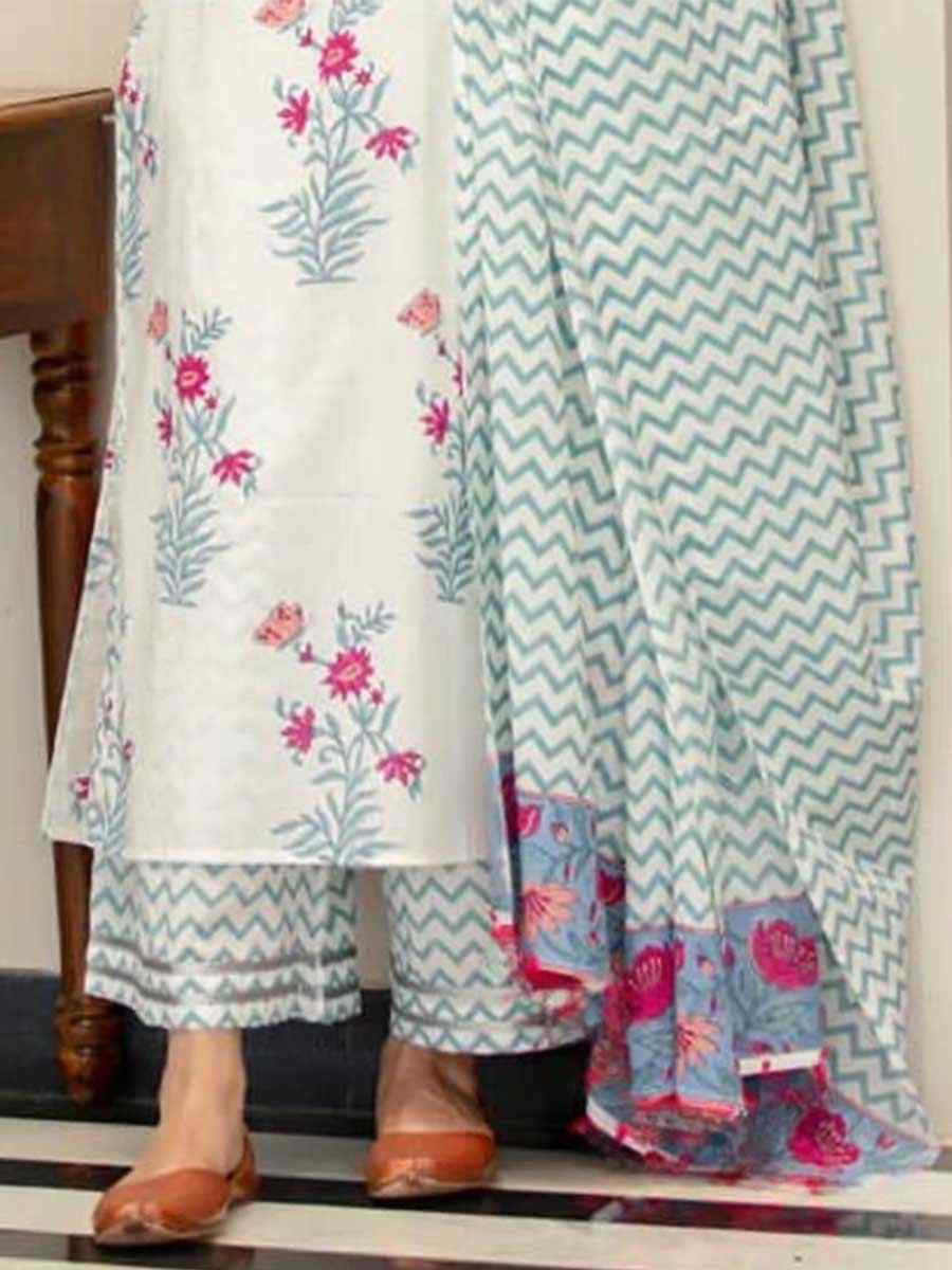 White Cotton Printed Festival Casual Ready Pant Salwar Kameez