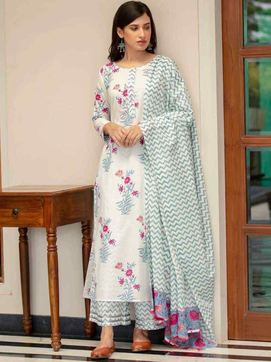 White Cotton Printed Festival Casual Ready Pant Salwar Kameez