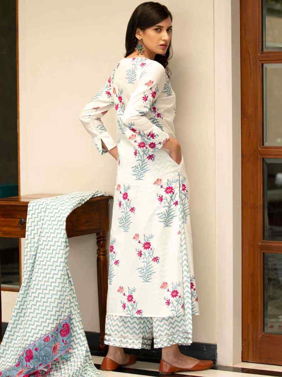 White Cotton Printed Festival Casual Ready Pant Salwar Kameez
