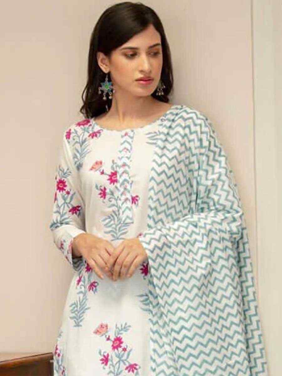 White Cotton Printed Festival Casual Ready Pant Salwar Kameez