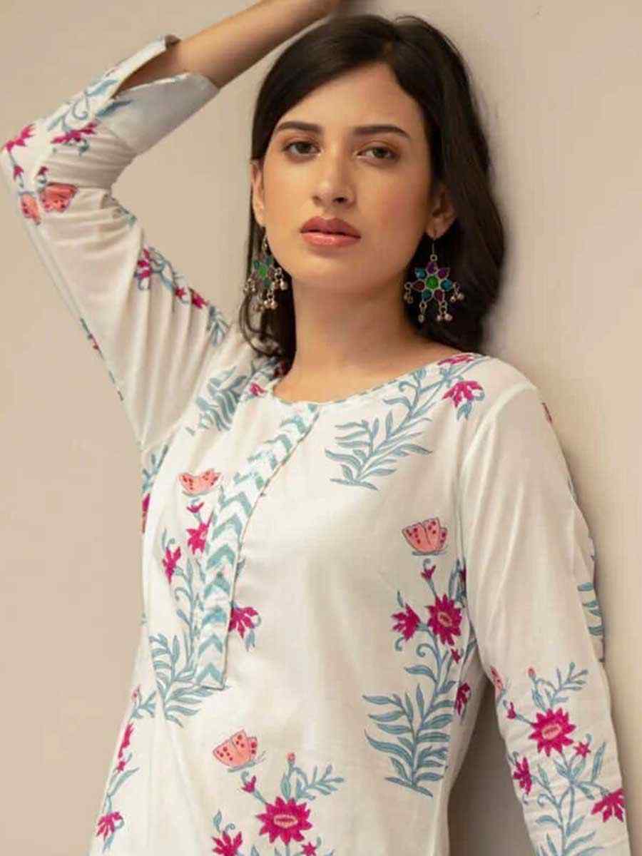 White Cotton Printed Festival Casual Ready Pant Salwar Kameez