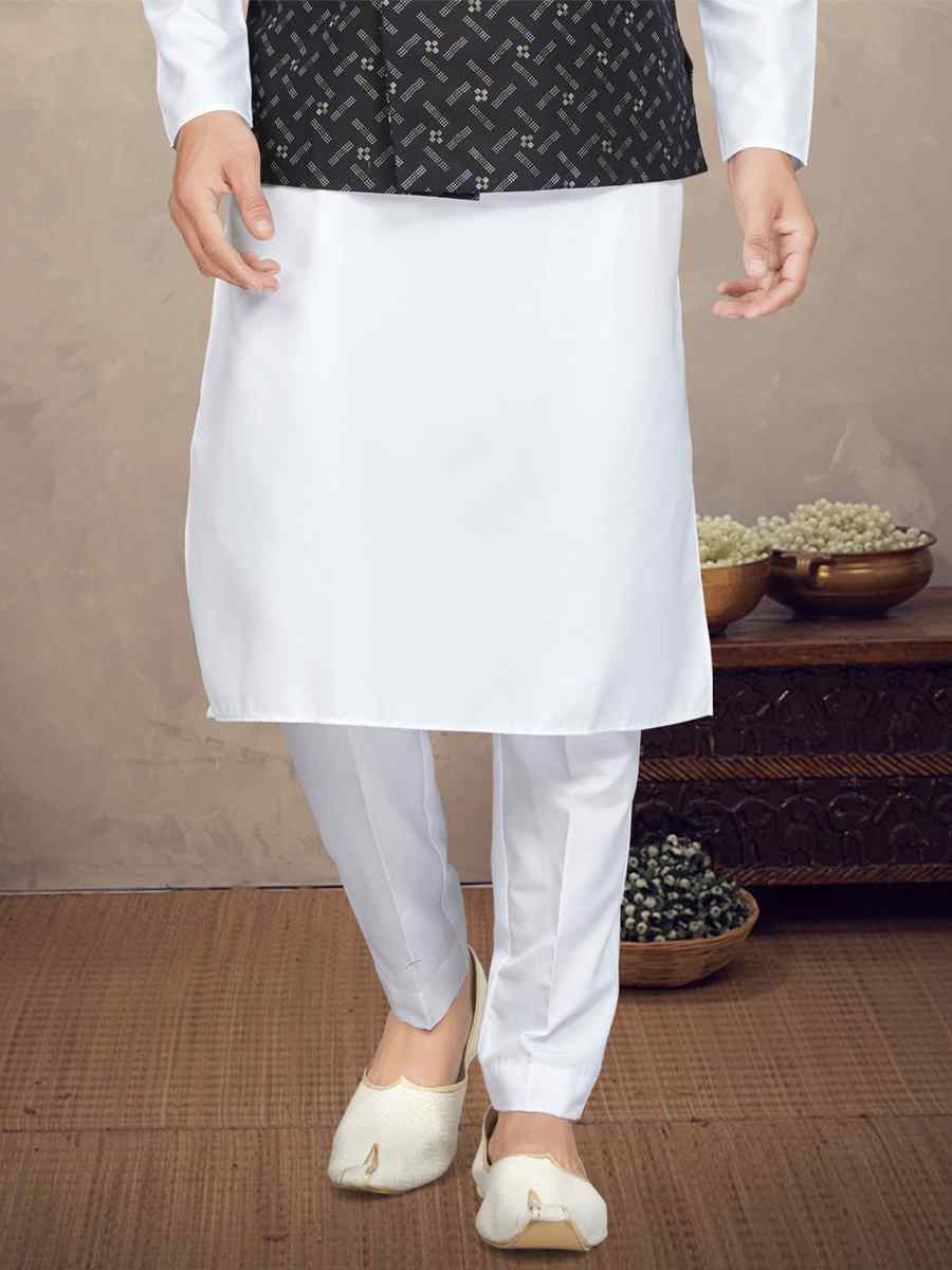 White Cotton Printed Festival Party Kurta