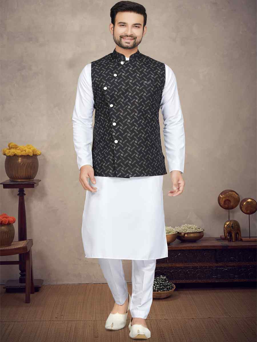 White Cotton Printed Festival Party Kurta