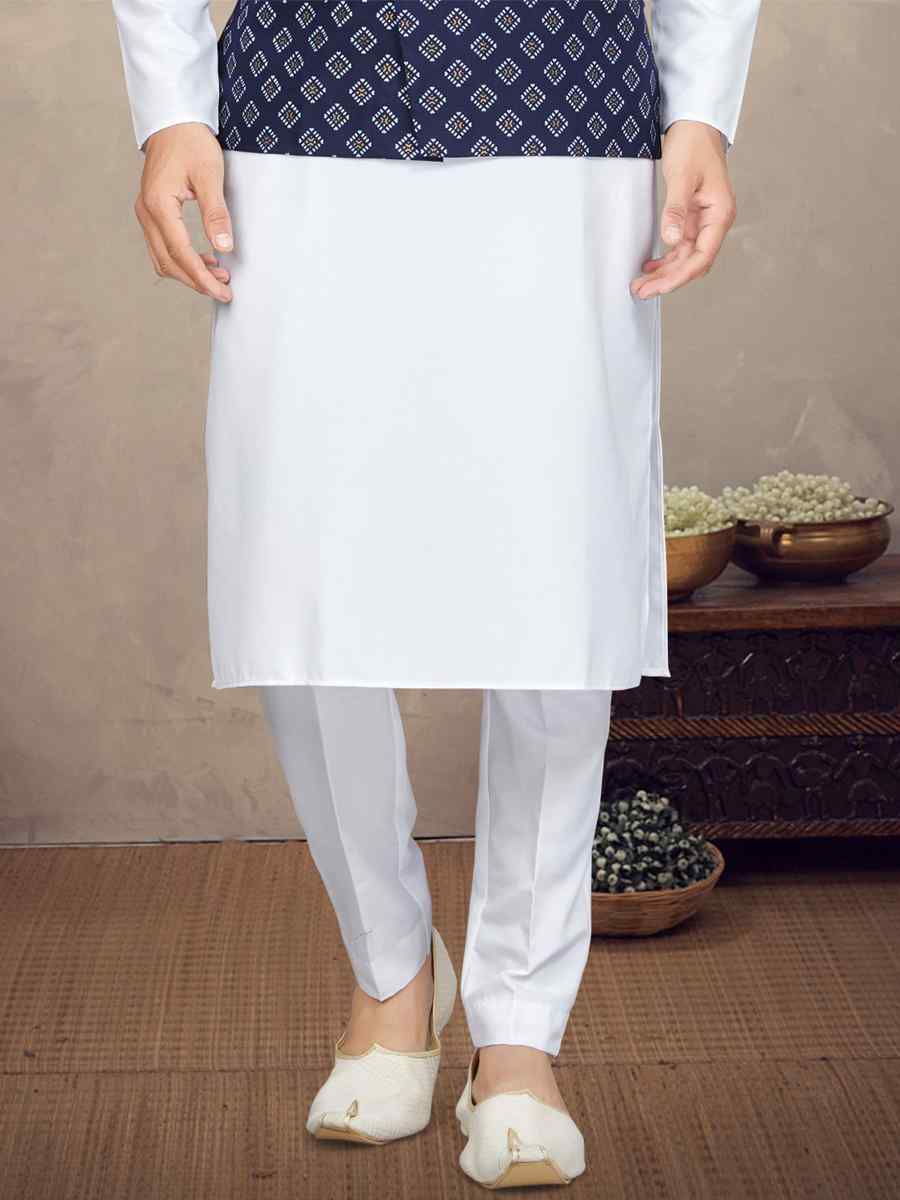 White Cotton Printed Festival Party Kurta