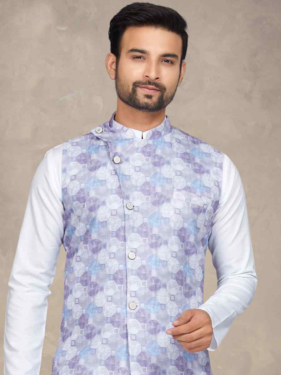 White Cotton Printed Festival Party Kurta