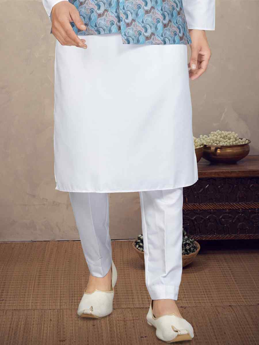 White Cotton Printed Festival Party Kurta