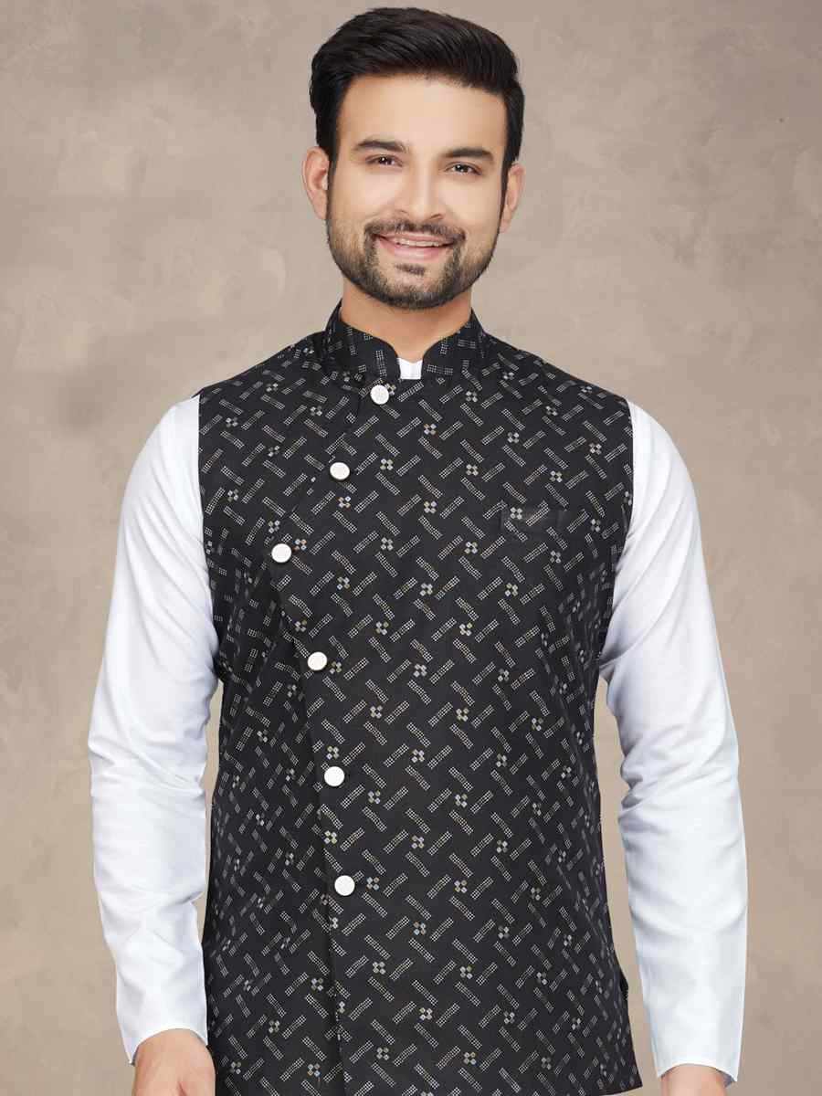 White Cotton Printed Festival Party Kurta