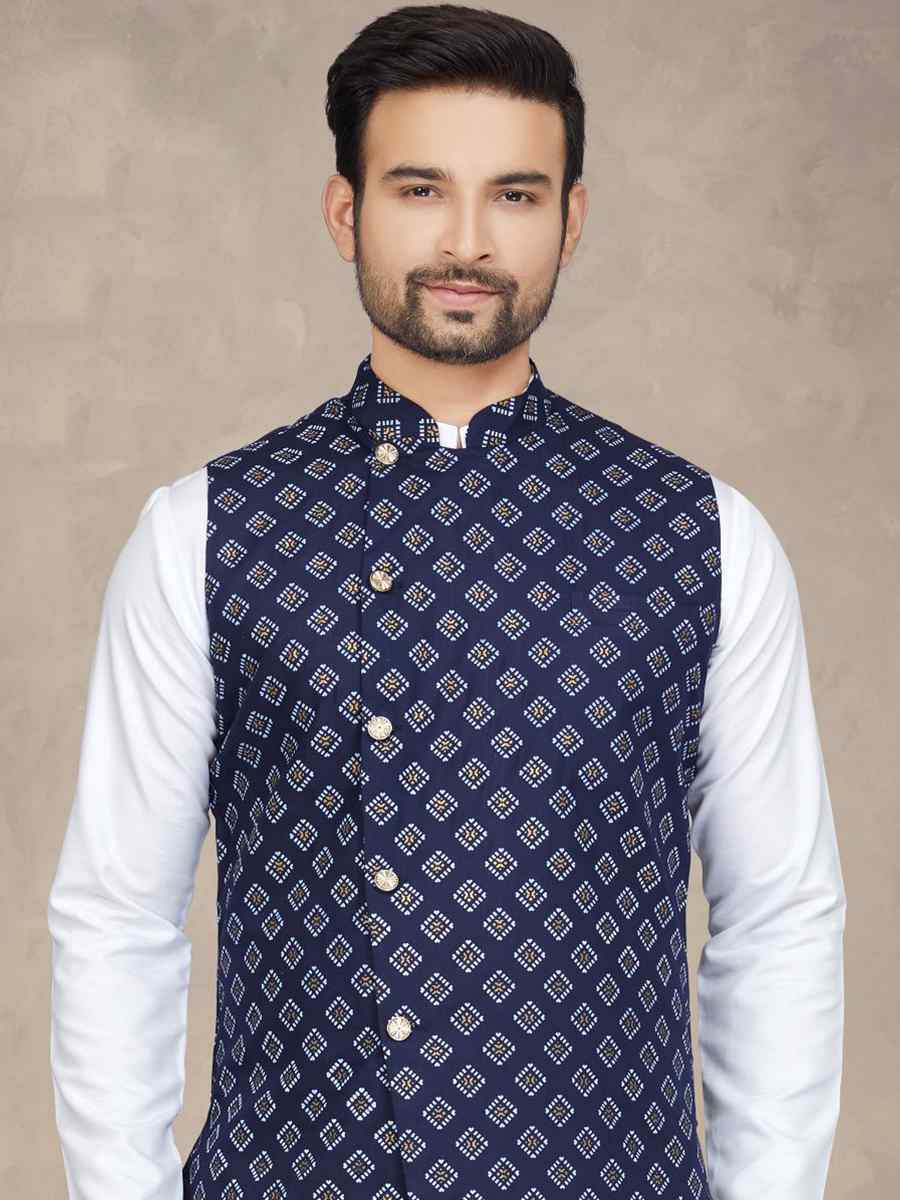 White Cotton Printed Festival Party Kurta