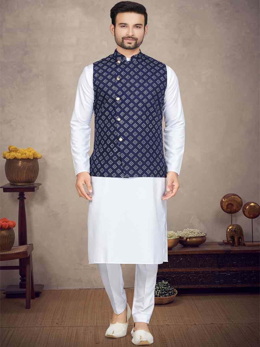 White Cotton Printed Festival Party Kurta