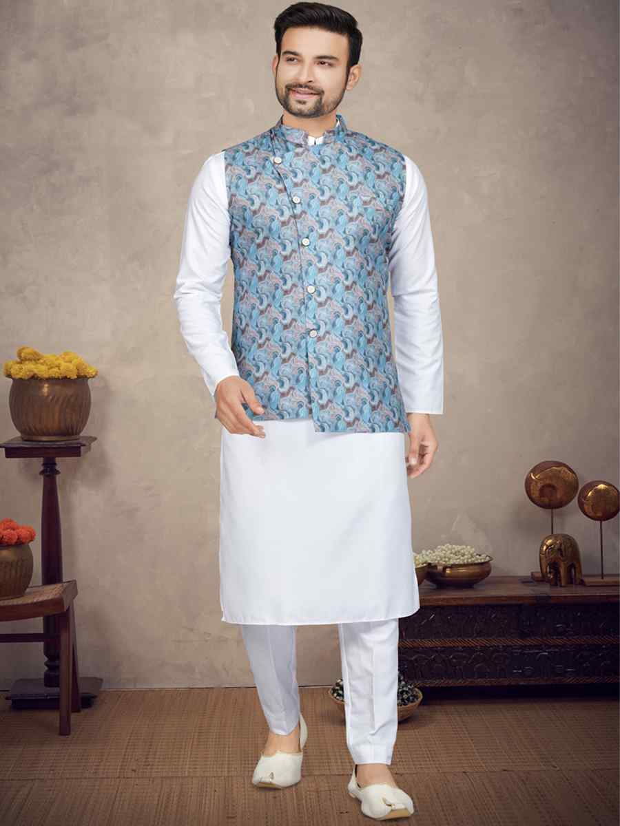 White Cotton Printed Festival Party Kurta