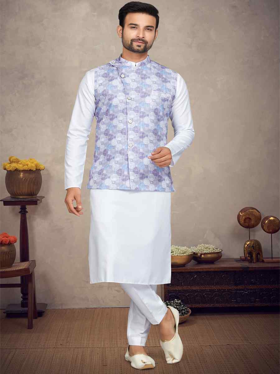 White Cotton Printed Festival Party Kurta