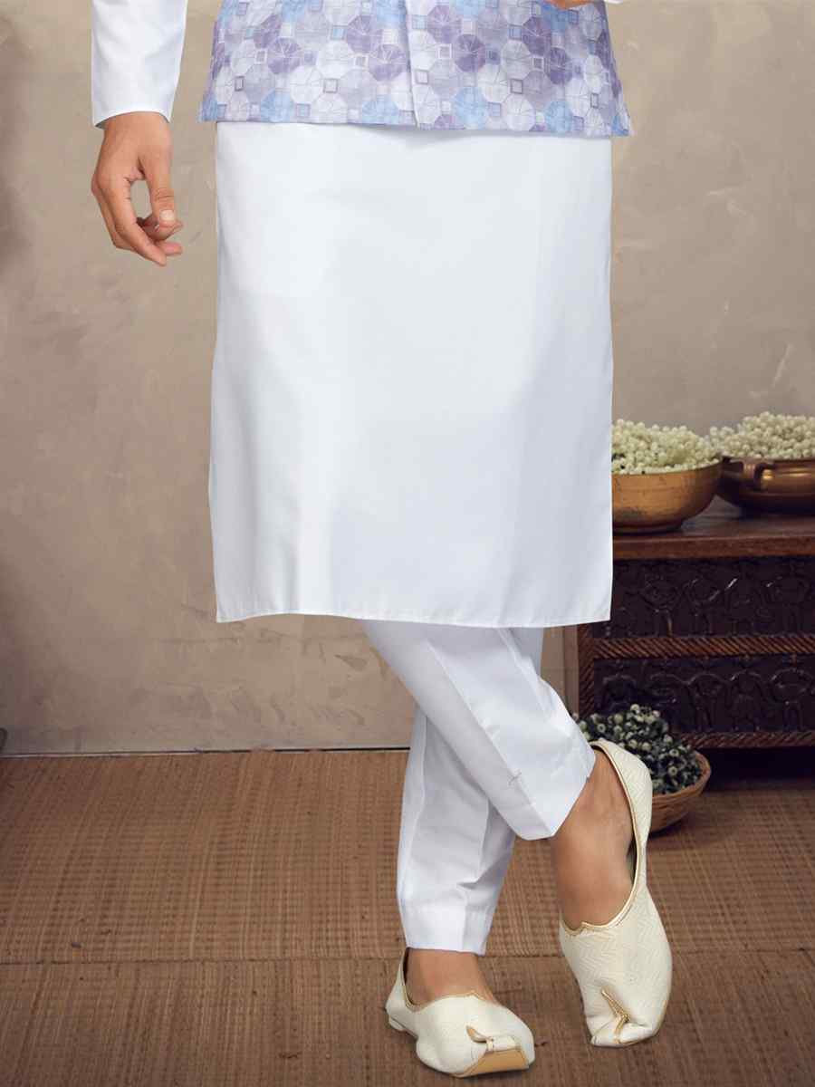 White Cotton Printed Festival Party Kurta